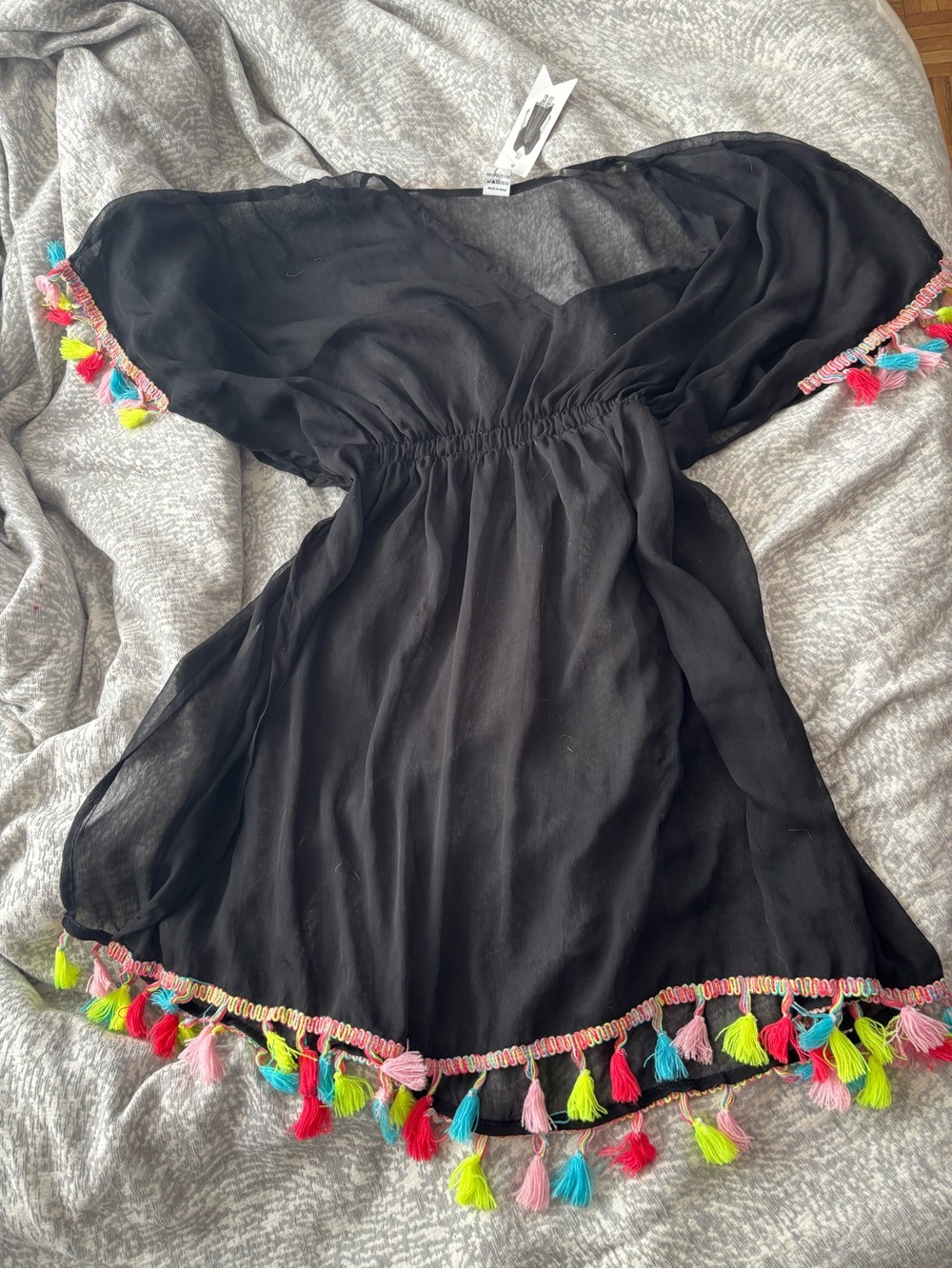 Black Tassel-Trim Swim Coverup Tunic